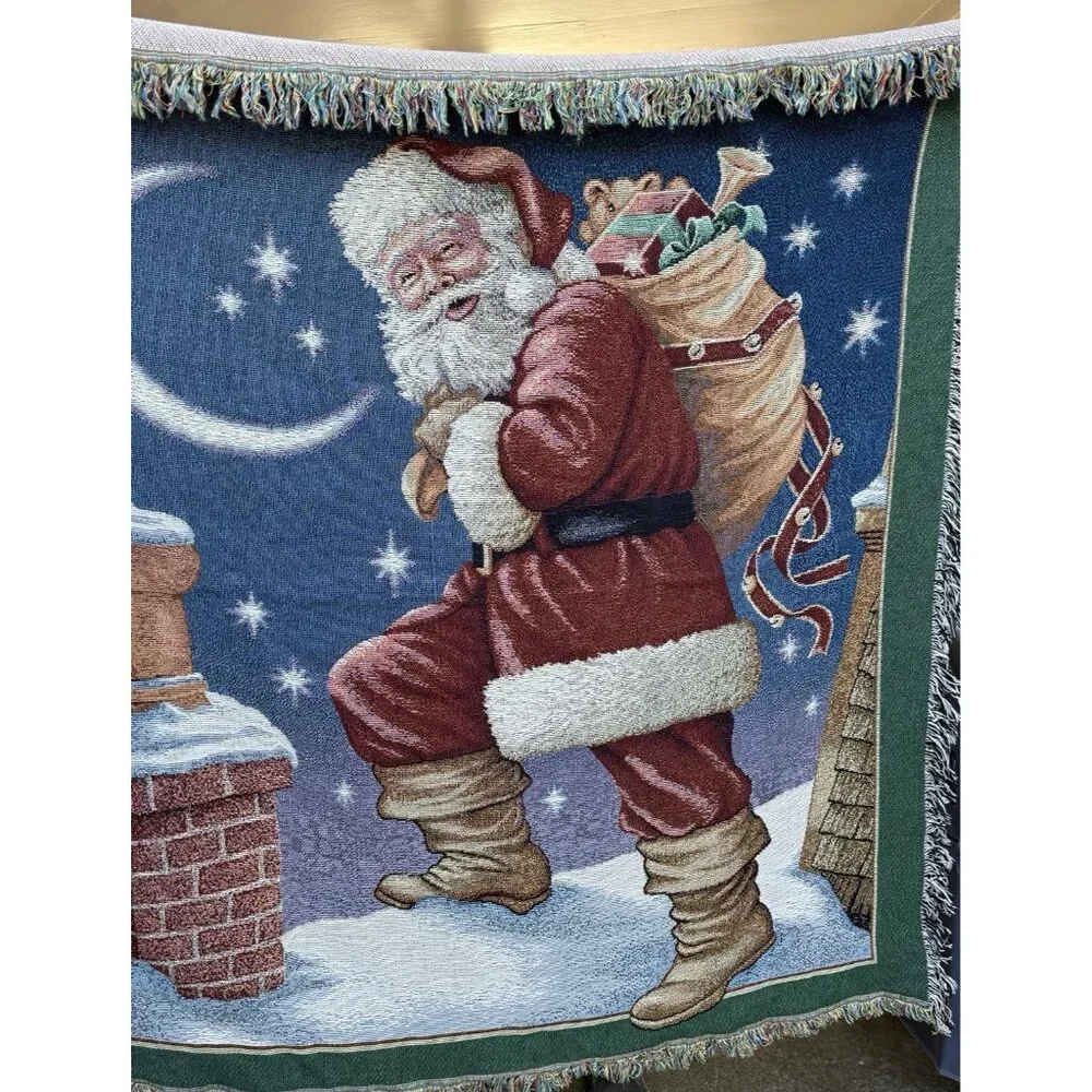 Tapestry Throw Santa Claus Rooftop Bag Toys Blanket Farmhouse CottageCore 60x62